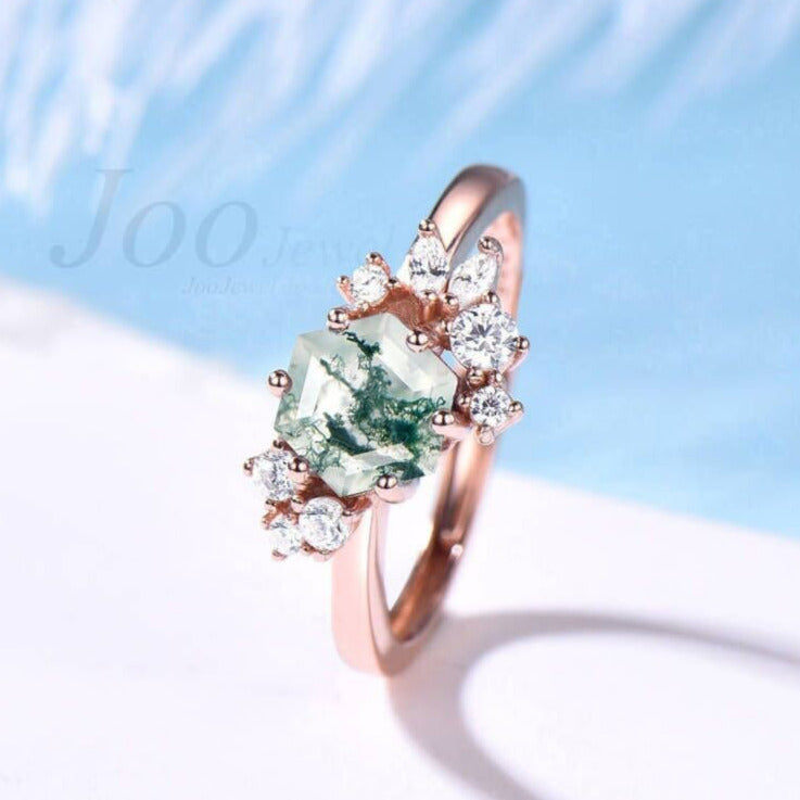 Natural Moss Agate Ring Vintage Green Moss Agate Engagement Rings Hexagon Cluster Engagement Ring Sterling Silver Wedding Gift For Women