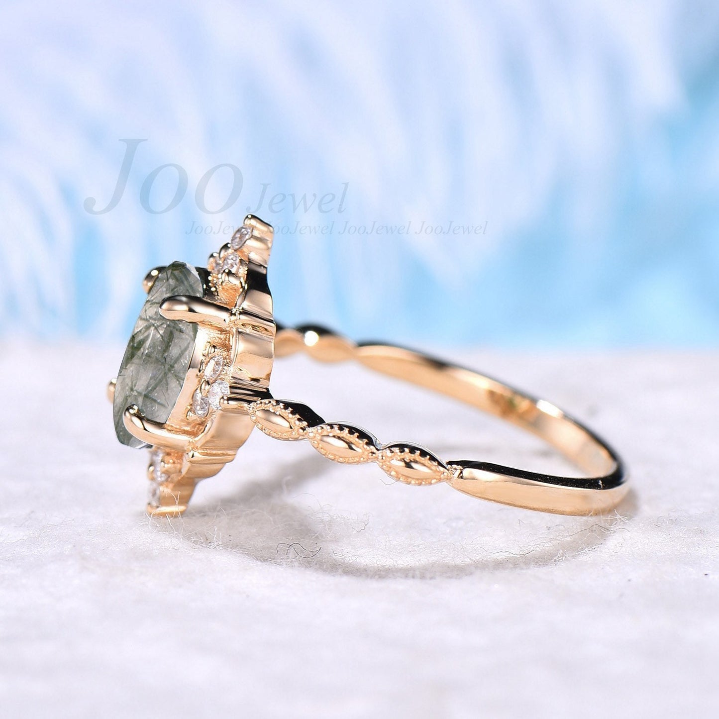 Natural Green Rutile Quartz Ring Unique Oval Solitaire Ring Green Crystal Ring ¡°PROTECT YOU FOREVER¡± Engagements Ring Anniversary Gift Women
