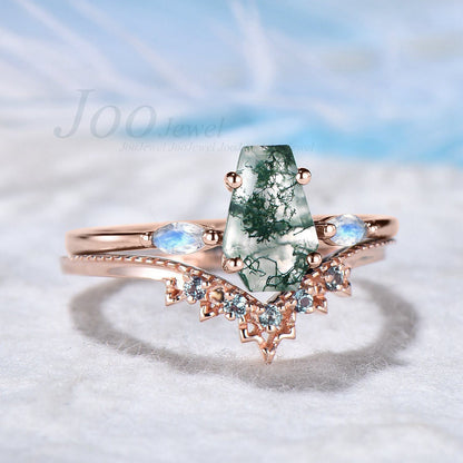 Coffin Shaped Natural Moss Agate Engagement Rings Set Gold Silver Marquise Moonstone Ring Milgrain Alexandrite Matching Band Coffin Jewelry
