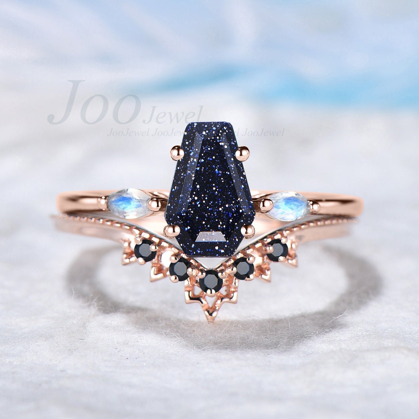 Coffin Cut Blue Sandstone Engagement Ring Set Blue Goldstone Jewelry Marquise Moonstone Bridal Ring Black Onyx Wedding Band Anniversary Gift