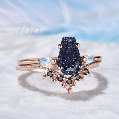 Coffin Cut Blue Sandstone Engagement Ring Set Blue Goldstone Jewelry Marquise Moonstone Bridal Ring Black Onyx Wedding Band Anniversary Gift