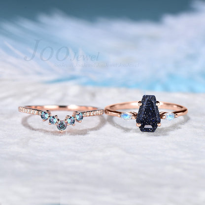 Coffin Shaped Engagement Ring Blue Sandstone Bridal Ring Set Marquise Moonstone Ring Color Changing Alexandrite Band Blue Goldstone Jewelry