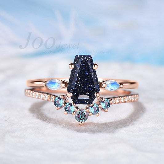 Coffin Shaped Engagement Ring Blue Sandstone Bridal Ring Set Marquise Moonstone Ring Color Changing Alexandrite Band Blue Goldstone Jewelry