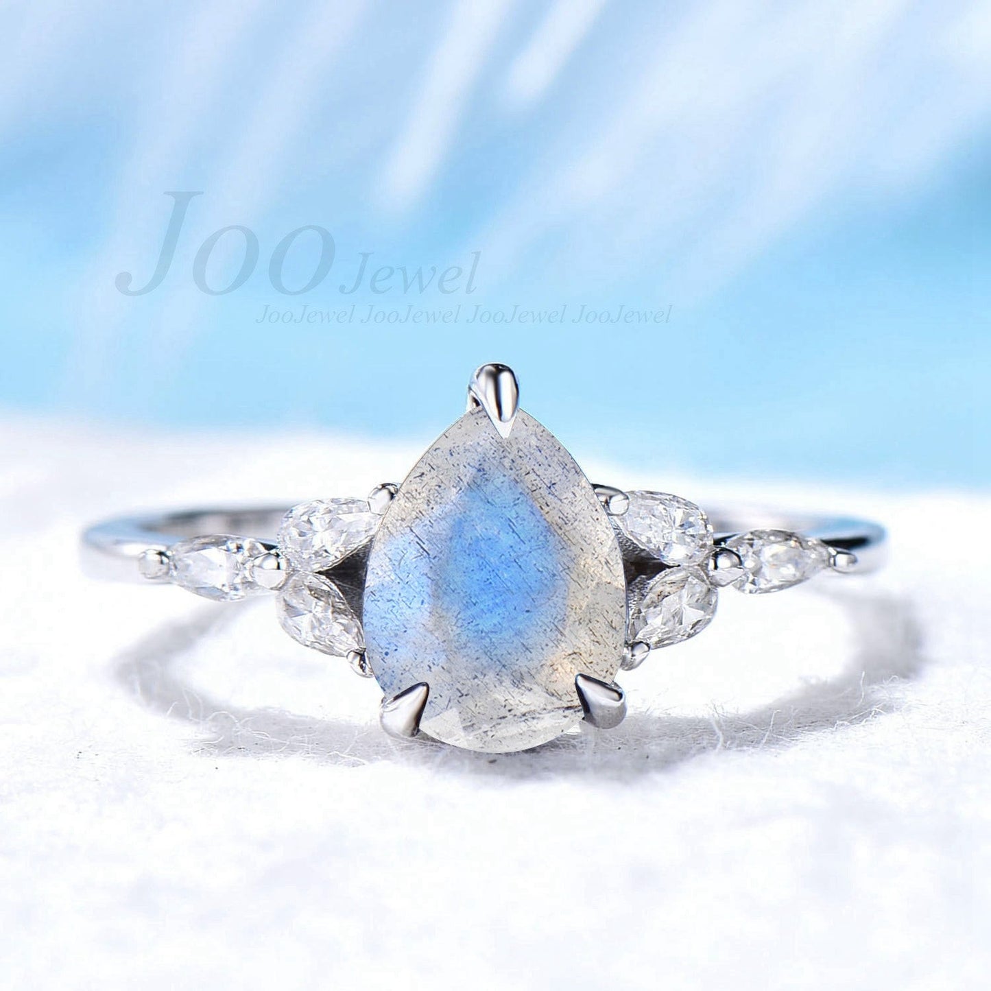 Natural Labradorite Engagement Ring Sterling Silver Ring Pear Ring Blue Labradorite Moonstone Ring Real Gemstone Ring Unique Gift For Women
