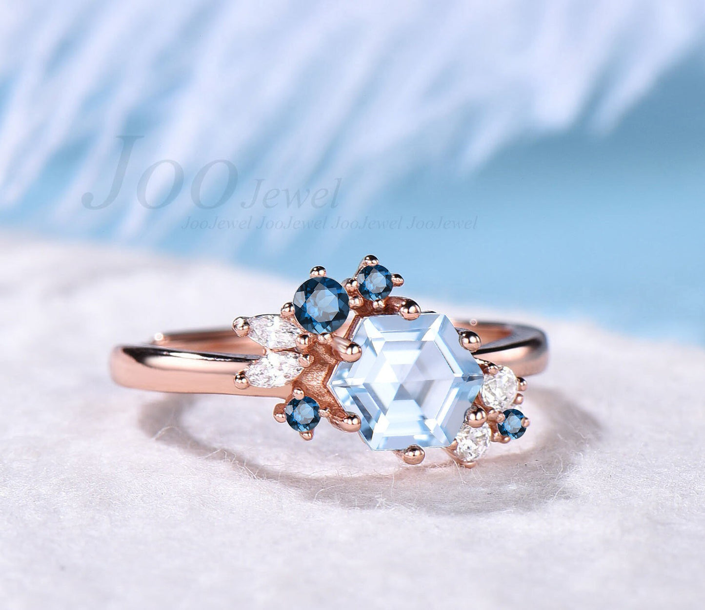 14k Solid Gold Hexagon Cut Aquamarine Ring For Women Hexagon Cluster Natural Blue Gemstone Ring With London Blue Topaz March Birthstone Ring