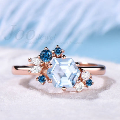 14k Solid Gold Hexagon Cut Aquamarine Ring For Women Hexagon Cluster Natural Blue Gemstone Ring With London Blue Topaz March Birthstone Ring