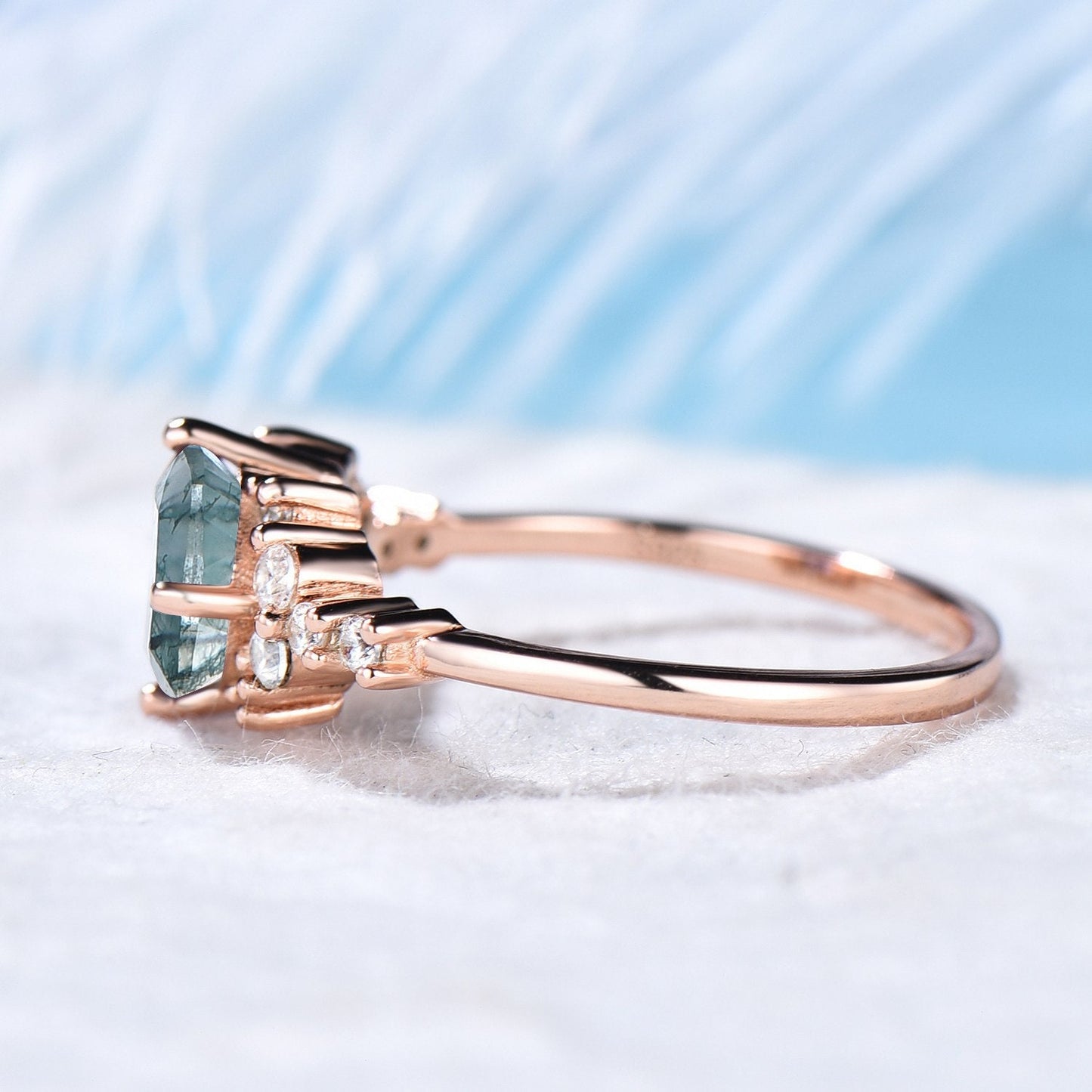 Cushion Cut Natural Green Clear Moss Agate Ring 14K Gold Square Moss Agate Cluster Snowdrift Engagement Ring For Women Crystal Jewelry Gift