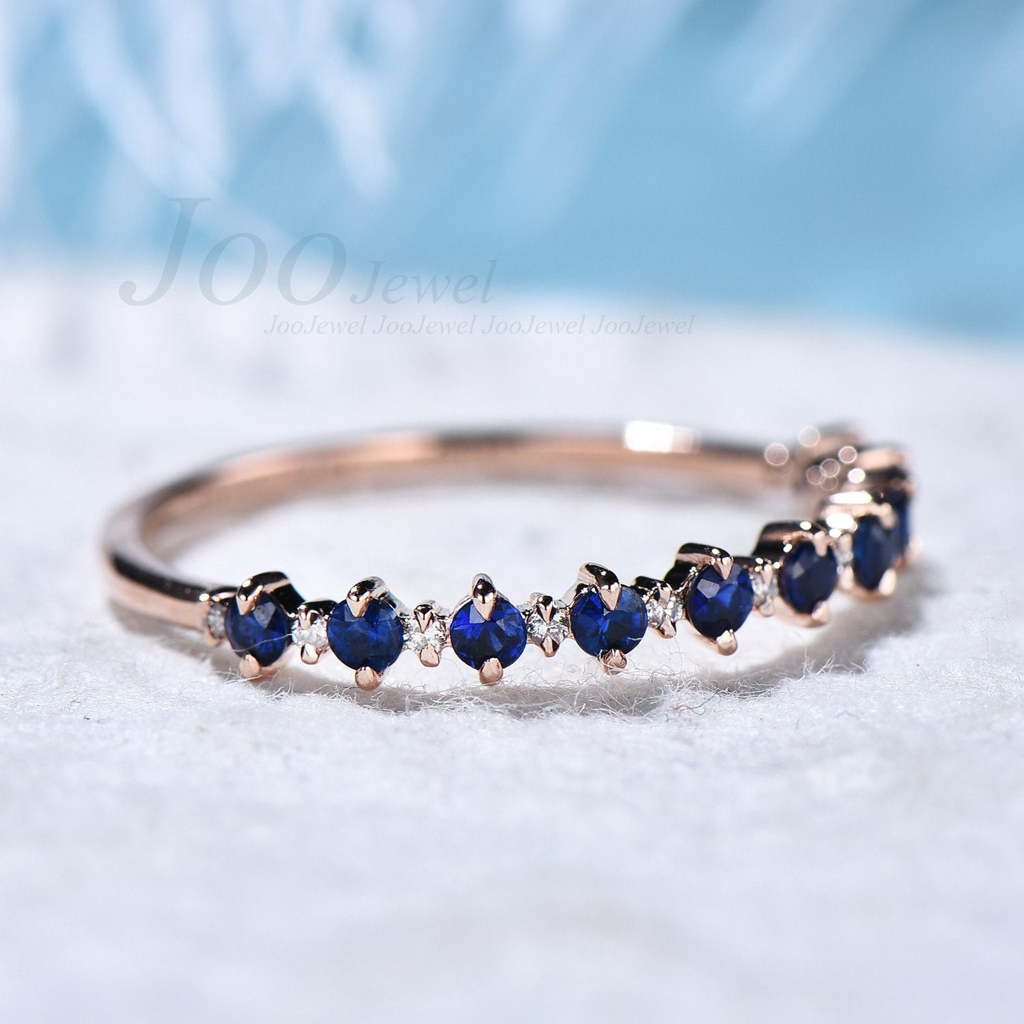 Round Natural Blue Sapphire Wedding Band Rings Real Sapphire Diamond Half Eternity Ring Women Stacking Minimalist Jewelry Blue Gemstone Ring