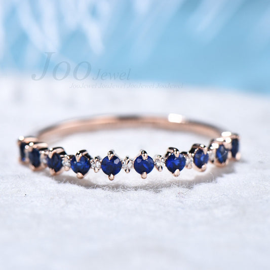 Round Natural Blue Sapphire Wedding Band Rings Real Sapphire Diamond Half Eternity Ring Women Stacking Minimalist Jewelry Blue Gemstone Ring