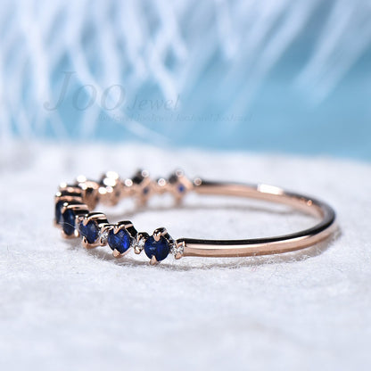 Round Natural Blue Sapphire Wedding Band Rings Real Sapphire Diamond Half Eternity Ring Women Stacking Minimalist Jewelry Blue Gemstone Ring