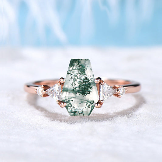 Coffin Cut Natural Moss Agate Ring Gold Silver Unique Long Hexagon Engagement Rings Moissanite Wedding Ring Coffin Jewelry Anniversary Gift