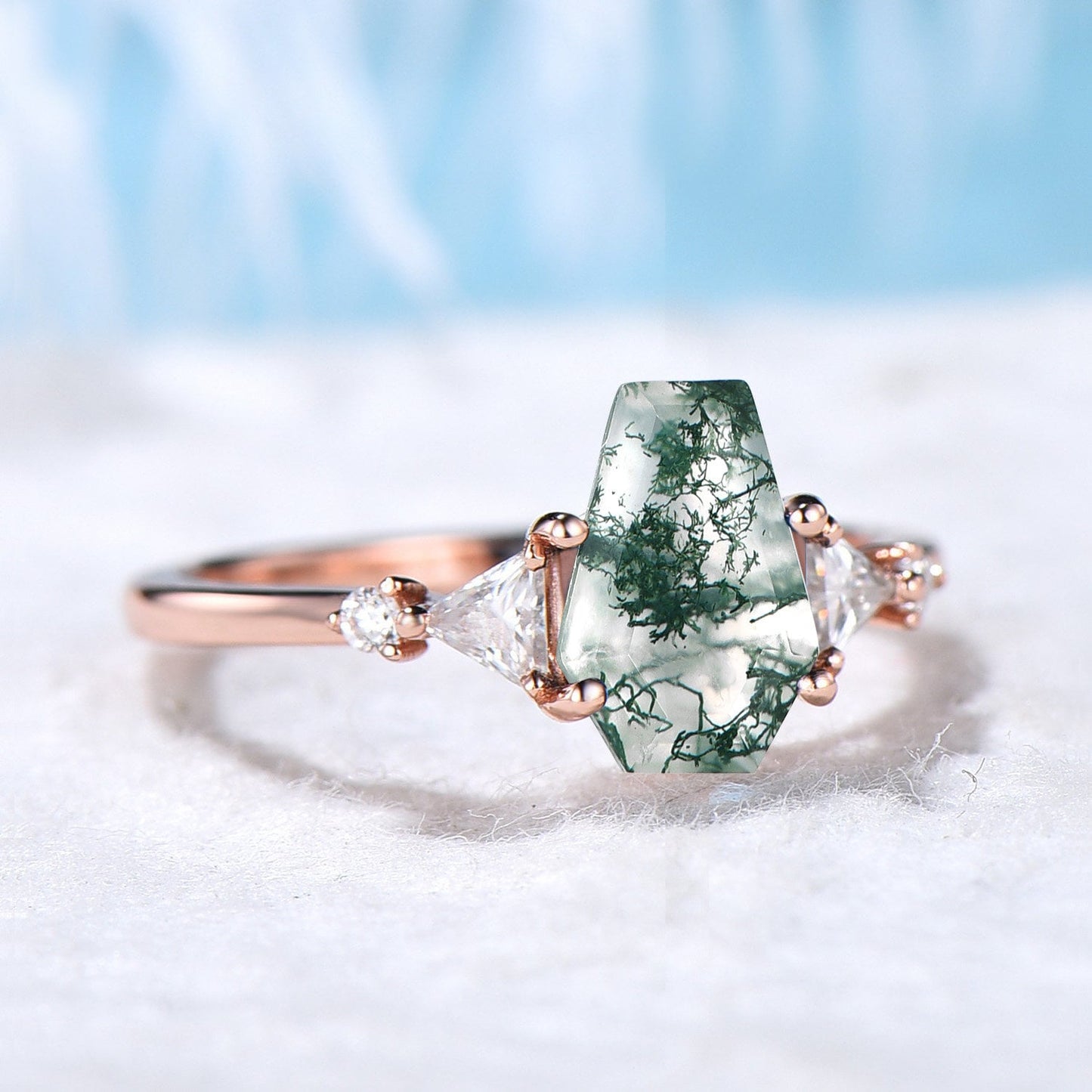 Coffin Cut Natural Moss Agate Ring Gold Silver Unique Long Hexagon Engagement Rings Moissanite Wedding Ring Coffin Jewelry Anniversary Gift