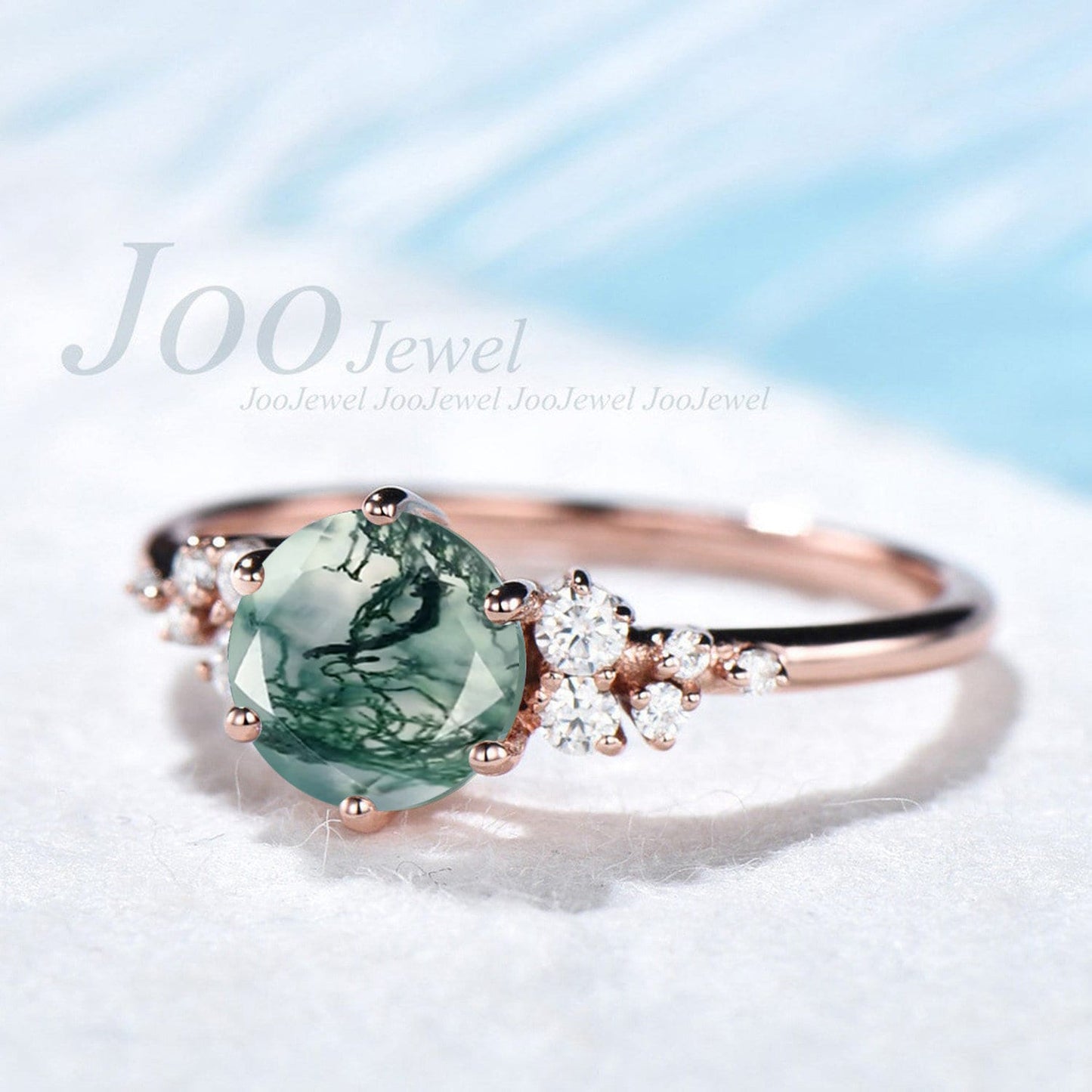 Round Natural Moss Agate 1ct Engagement Ring Vintage Green Gemstone Wedding Ring Rose Gold Agate Ring for Woman Dainty Pinky Healing Ring