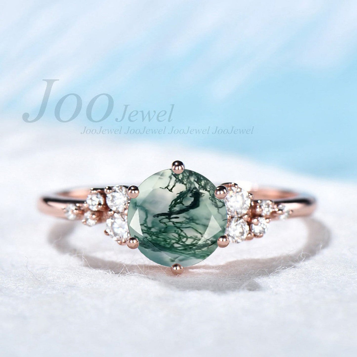Round Natural Moss Agate 1ct Engagement Ring Vintage Green Gemstone Wedding Ring Rose Gold Agate Ring for Woman Dainty Pinky Healing Ring