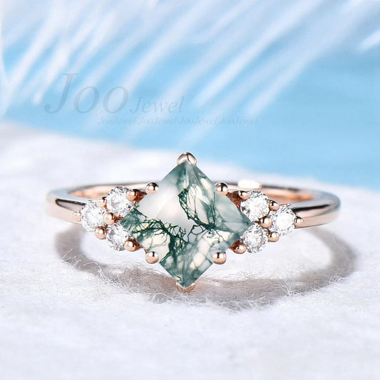 Princess Cut Natural Green Clear Moss Agate Ring 14K Gold Square Moss Agate 6 Prong Fixed Engagement Ring For Women Crystal Jewelry Gift