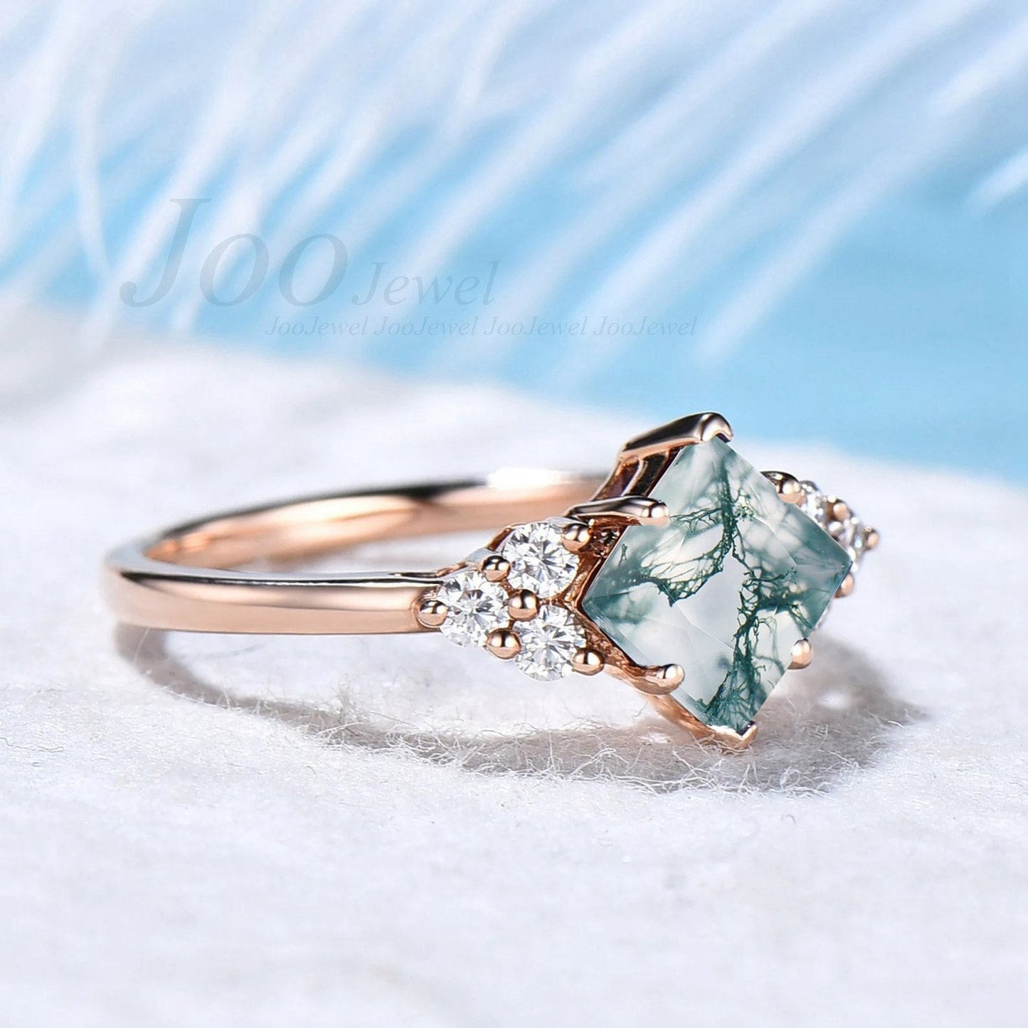 Princess Cut Natural Green Clear Moss Agate Ring 14K Gold Square Moss Agate 6 Prong Fixed Engagement Ring For Women Crystal Jewelry Gift