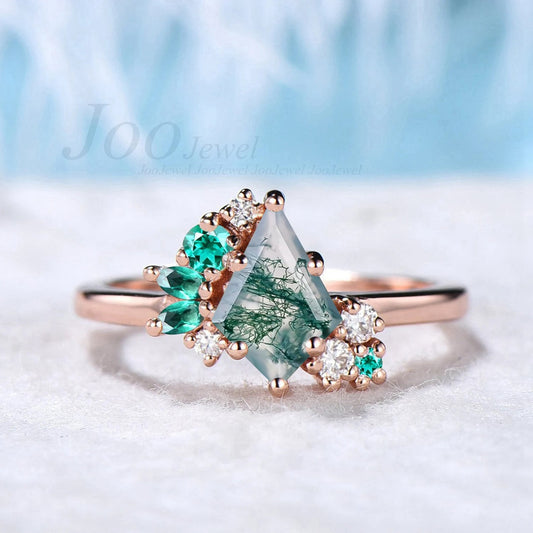 Kite Cut Natural Green Moss Agate Ring Vintage 14k Rose Gold Moss Agate Engagement Ring Unique Kite Cluster Emerald Wedding Ring For Women