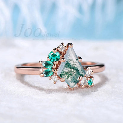 Kite Cut Natural Green Moss Agate Ring Vintage 14k Rose Gold Moss Agate Engagement Ring Unique Kite Cluster Emerald Wedding Ring For Women