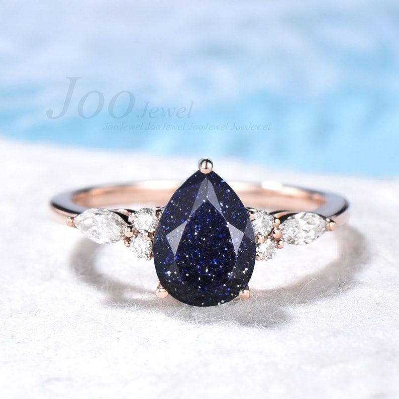 Galaxy Blue Sandstone Ring Sterling Silver Hexagon Blue Sandstone Engagement Ring Goldstone Ring Rose Gold Anniversary Promise Ring for Her