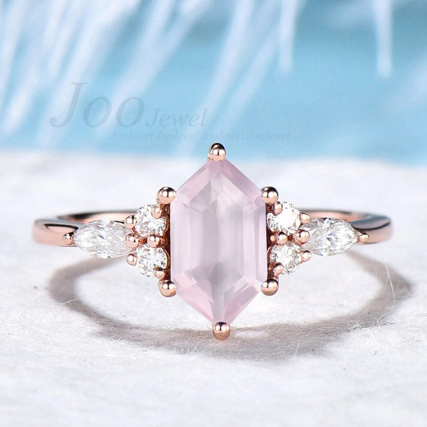 Long Hexagon Cut Natural Rose Quartz Ring Pink Gemstone Promise Ring Crystal Healing Ring Rose Gold Cluster Engagement Ring Anniversary Gift