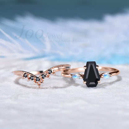 Coffin Shaped Natural Black Onyx Engagement Ring Set Rose Gold Black Wedding Ring Milgrain Marquise Moonstone Bridal Ring Anniversary Gift
