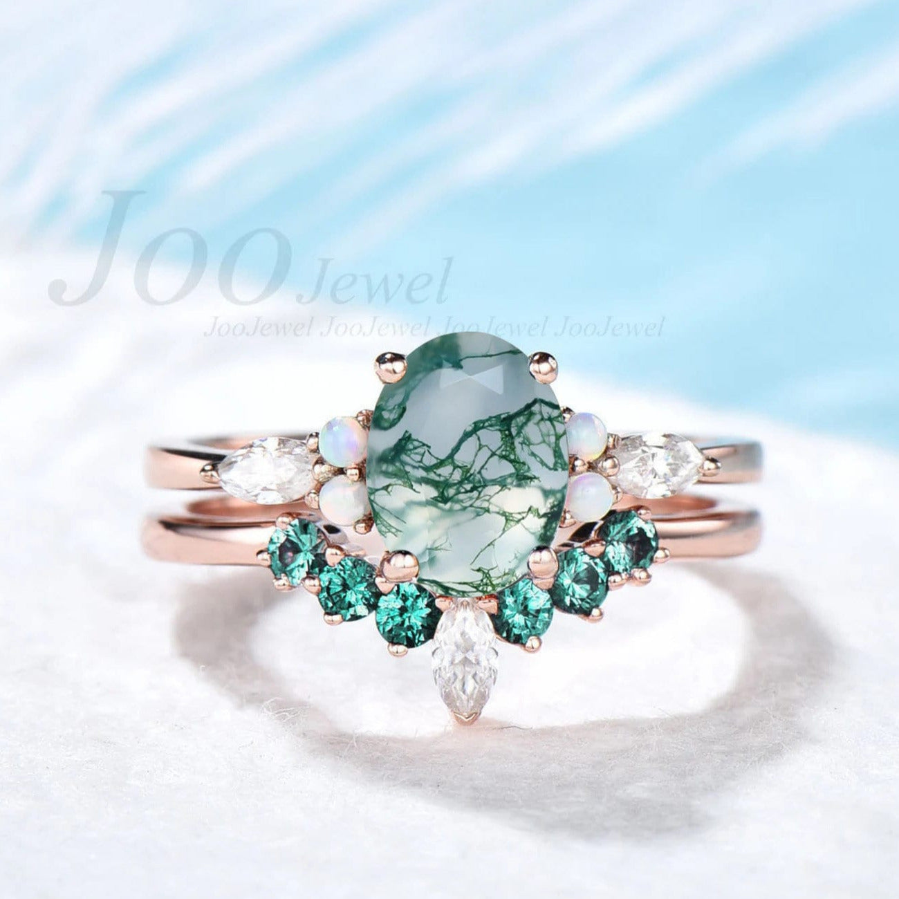 Oval Cut Natural Moss Agate Engagement Ring Set Green Gemstone Jewelry Opal Emerald Wedding Band Crystal Bridal Ring Unique Gift for Her