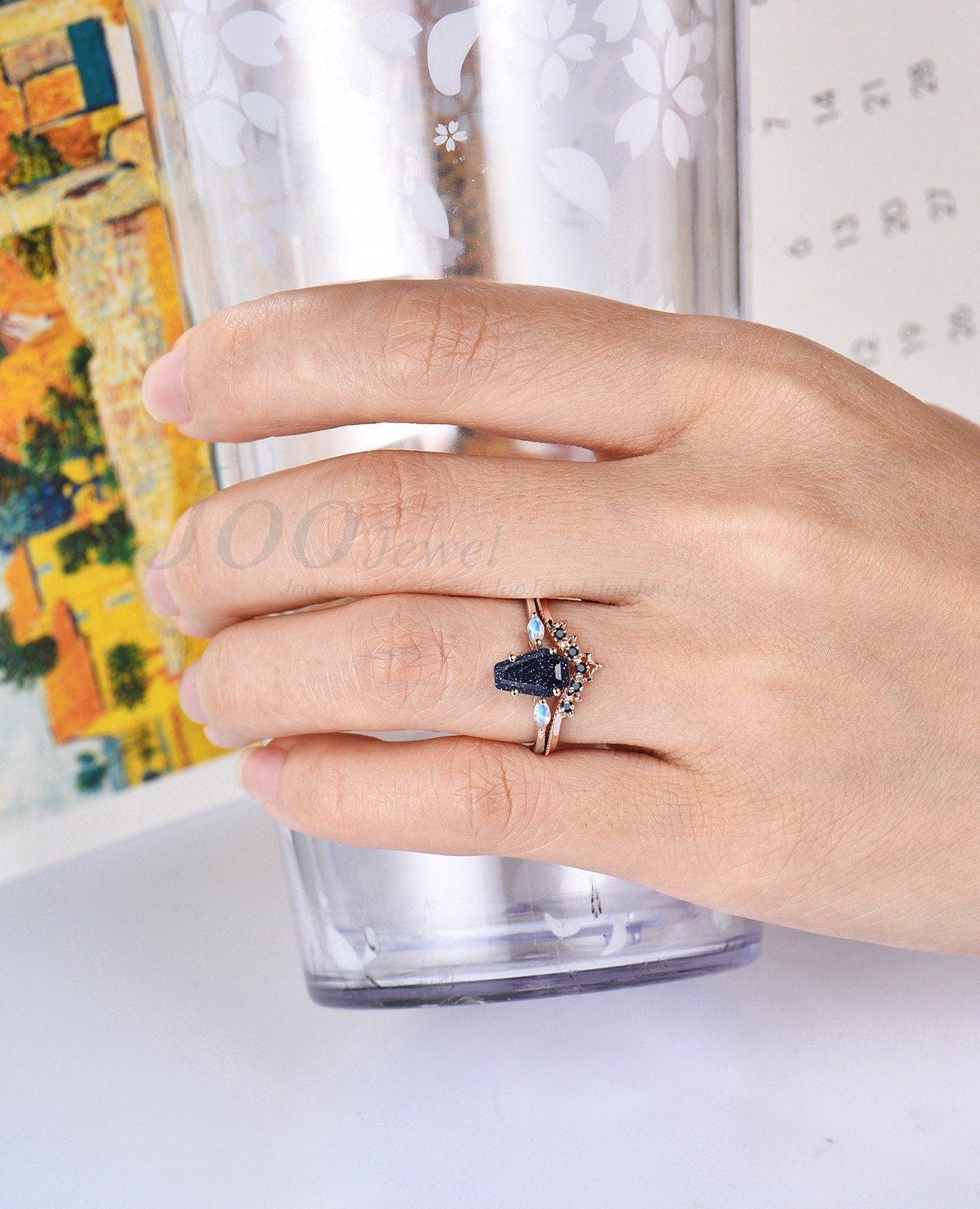 Coffin Cut Blue Sandstone Engagement Ring Set Blue Goldstone Jewelry M