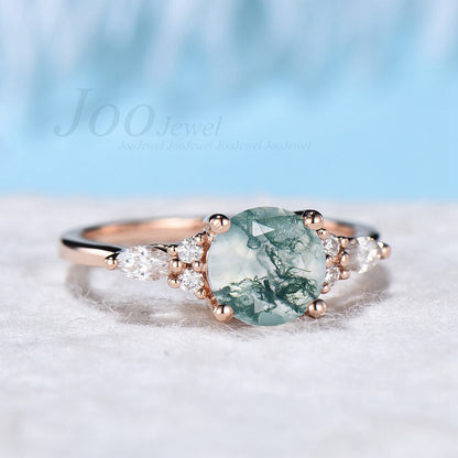 Round Shaped Natural Moss Agate Ring in Sterling Silver Unique Gemstone Wedding Ring 7mm Round Engagement Ring Woman Natural Healing Stones
