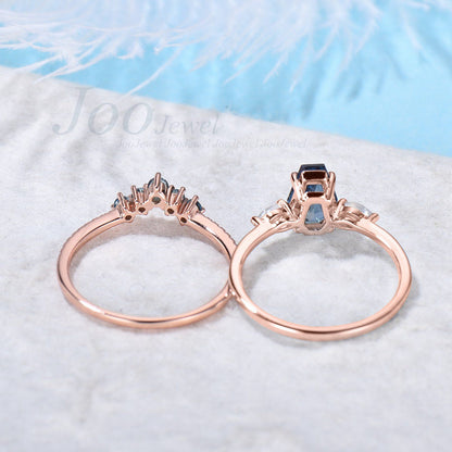 Coffin Shaped Alexandrite Moonstone Engagement Rings Set 14K Rose Gold Coffin Wedding Ring  Color Changing Alexandrite Band Statement Ring