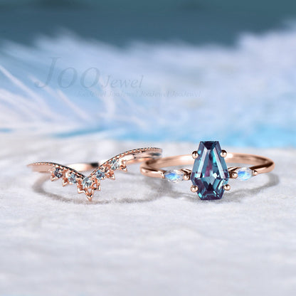 Coffin Shaped Alexandrite Engagement Rings Set 14K Rose Gold Coffin Wedding Ring Set Color Changing Alexandrite Band Moonstone Ring for Her