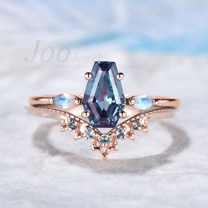 Coffin Shaped Alexandrite Engagement Rings Set 14K Rose Gold Coffin Wedding Ring Set Color Changing Alexandrite Band Moonstone Ring for Her