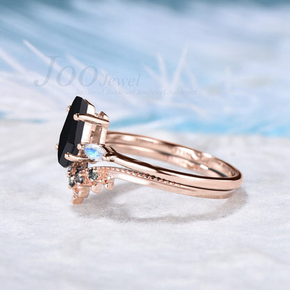 Coffin Shaped Natural Black Onyx Engagement Ring Set Rose Gold Black Wedding Ring Milgrain Marquise Moonstone Bridal Ring Anniversary Gift