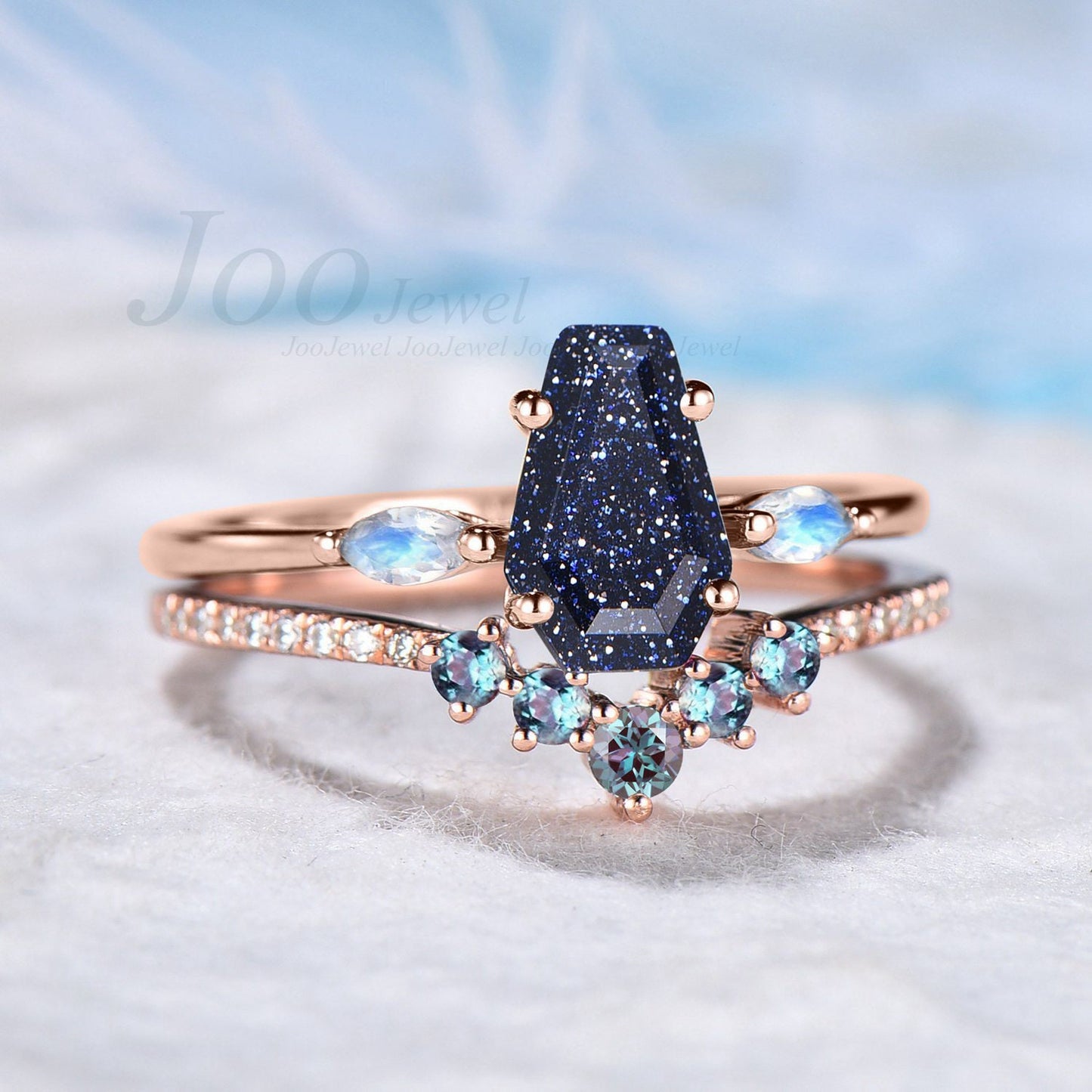 Coffin Shaped Engagement Ring Blue Sandstone Bridal Ring Set Marquise Moonstone Ring Color Changing Alexandrite Band Blue Goldstone Jewelry