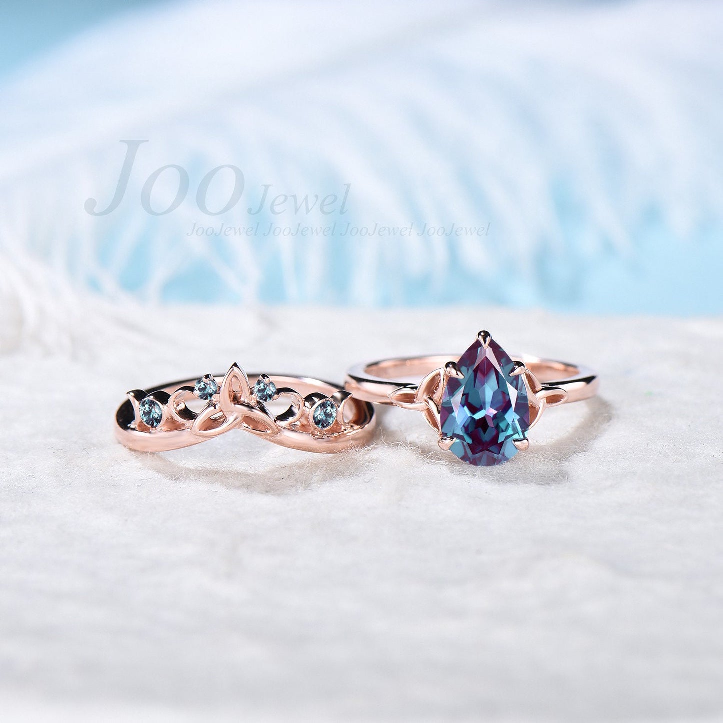 Celtic Bridal Ring Set Women Unique Pear Shaped Color Change Alexandrite Engagement Ring Set Rose Gold Alexandrite Wedding Band Promise Ring