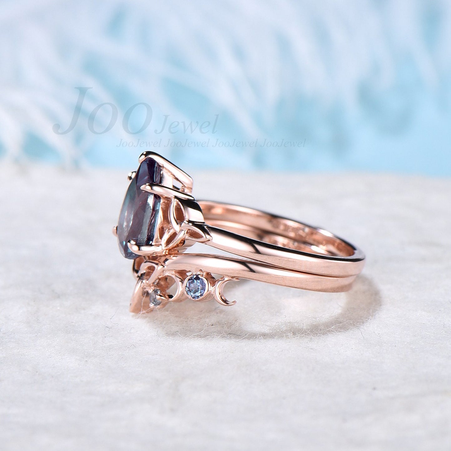 Celtic Bridal Ring Set Women Unique Pear Shaped Color Change Alexandrite Engagement Ring Set Rose Gold Alexandrite Wedding Band Promise Ring