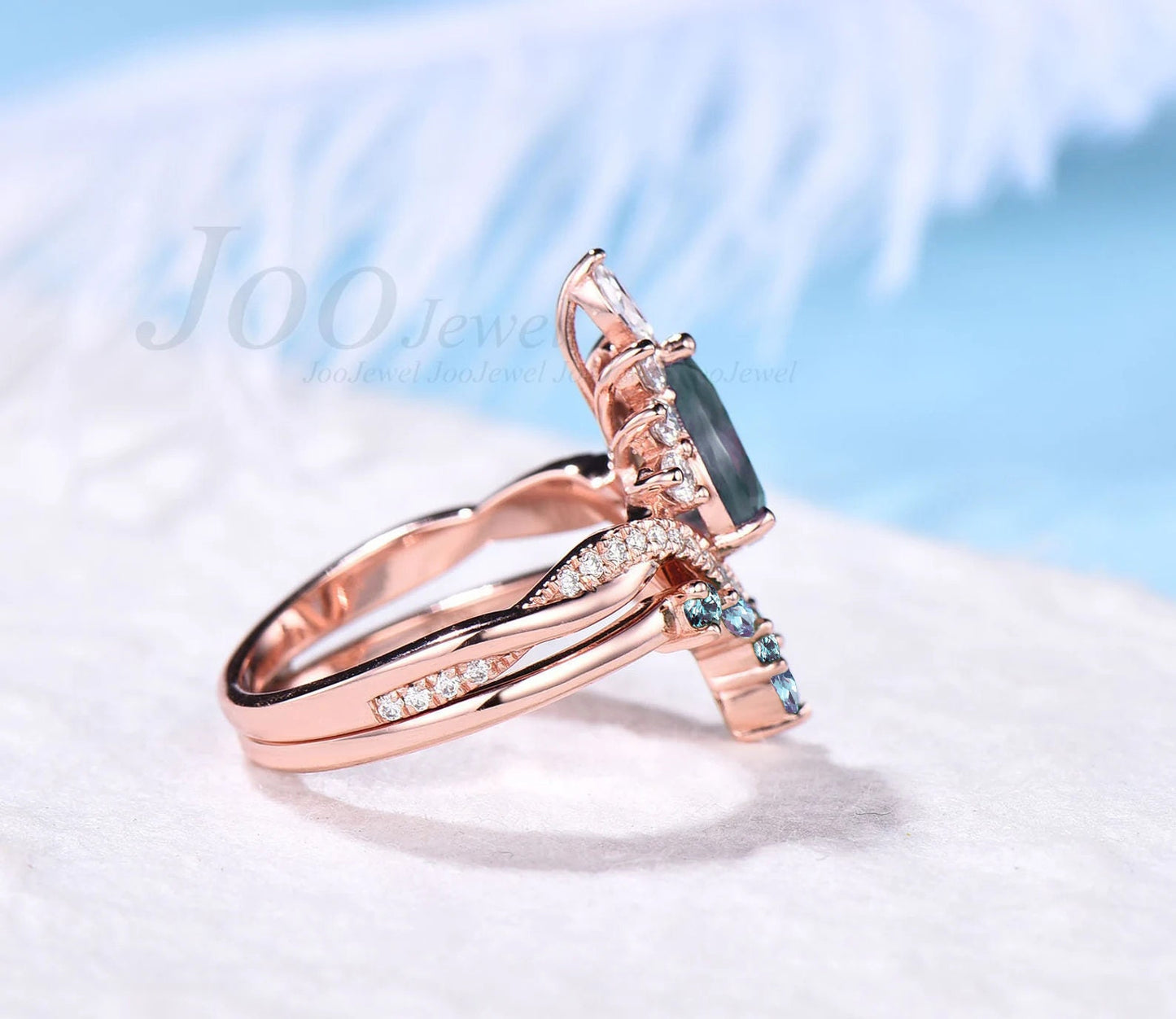 Unique Pear Shaped Alexandrite Bridal Set Vintage Rose Gold Infinity Band Art Deco Halo Moissanite Ring Marquise Alexandrite Wedding Ring