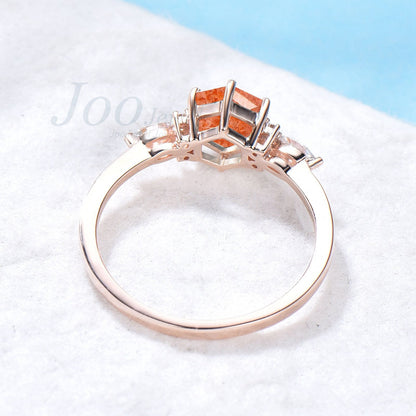 Hexagon Cut Natural Oregon Sunstone Engagement Ring Sterling Silver Alternative Wedding Ring Unique Orange Gemstone Ring Unique Gift for Her