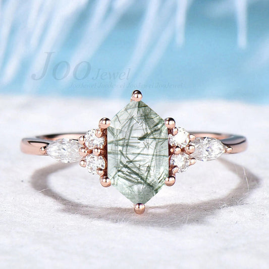 Natural Green Rutilated Quartz Ring Hexagon Cut Engagement Ring Green Quartz Moissanite Ring Energy Gemstone Crystal Jewelry Gift For Women