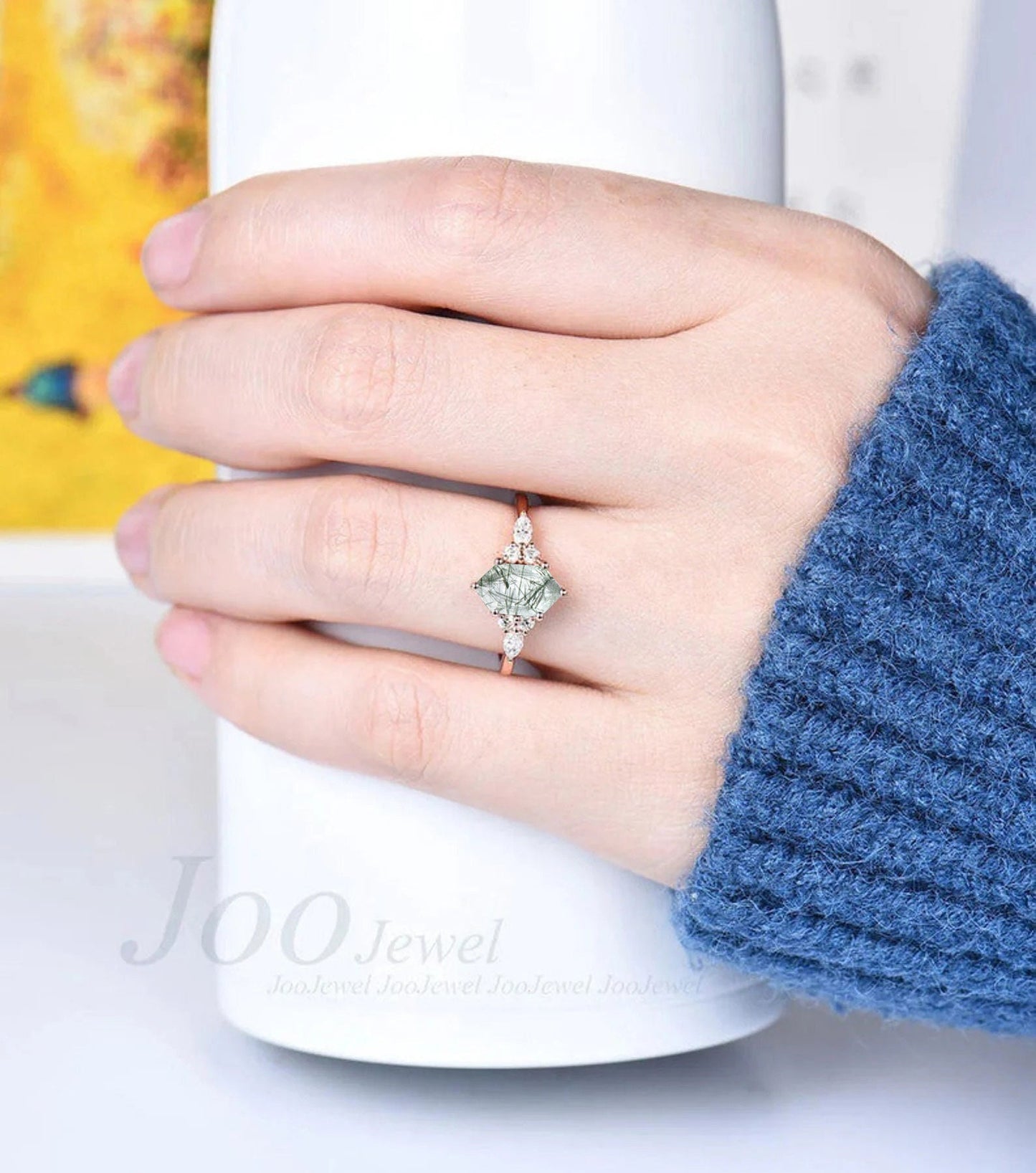 Natural Green Rutilated Quartz Ring Hexagon Cut Engagement Ring Green Quartz Moissanite Ring Energy Gemstone Crystal Jewelry Gift For Women