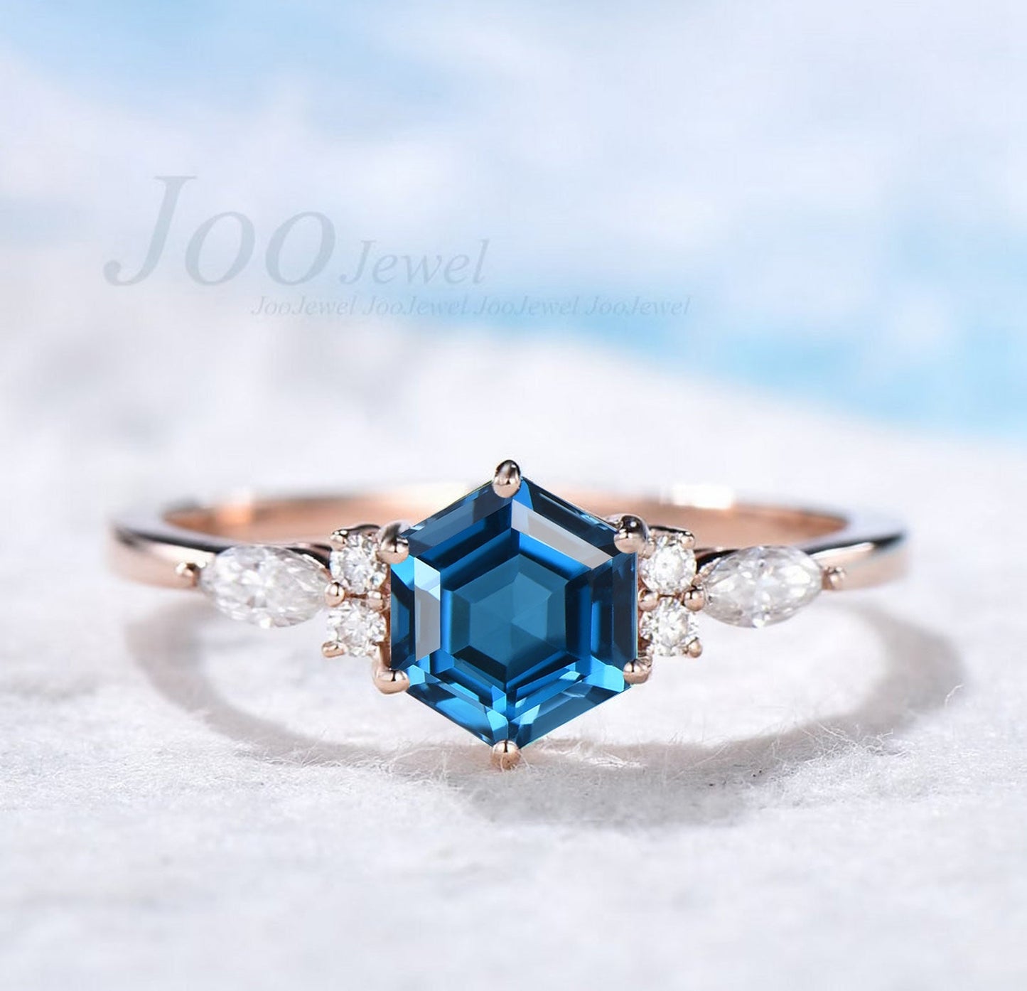 Sterling Silver Hexagon Cut Natural London Blue Topaz Engagement Ring Set December Birthstone Bridal Ring Topaz Jewelry Anniversary Gifts