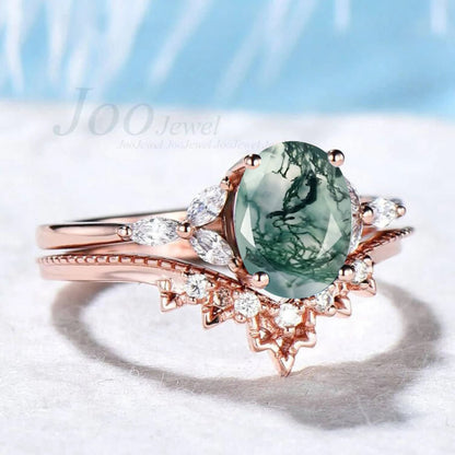 1.5ct Oval Cut Natural Moss Agate Ring Set Sterling Silver Green Gemstone Ring Natural Oval Stone Ring Unique Bridal Proposal Gift for Her