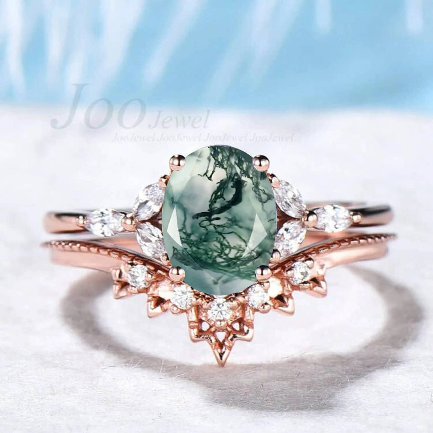 1.5ct Oval Cut Natural Moss Agate Ring Set Sterling Silver Green Gemstone Ring Natural Oval Stone Ring Unique Bridal Proposal Gift for Her