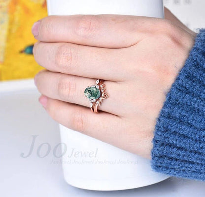 1.5ct Oval Cut Natural Moss Agate Ring Set Sterling Silver Green Gemstone Ring Natural Oval Stone Ring Unique Bridal Proposal Gift for Her