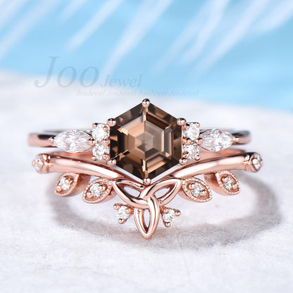 Hexagon Cut Crystal Engagement Ring Set Vintage Natural Smoky Quartz Ring in Sterling Silver Jewelry Brown Gemstone Ring Celtic Wedding Band