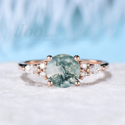 1.25ct Natural Moss Agate Ring Sterling Silver Pear Ring Unique Cluster Engagement Ring Aquatic Green Agate Promise Wedding Ring Woman