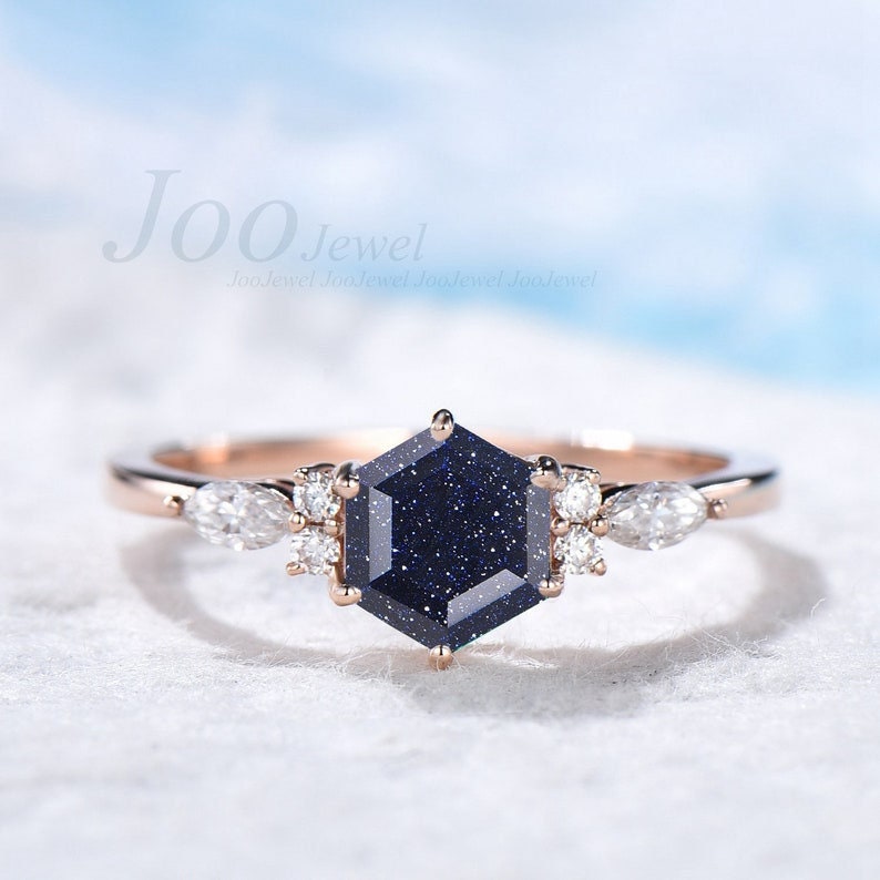 Sterling Silver Galaxy Blue Sandstone Ring Round Cut Wedding Gemstone Jewelry Vintage Cluster Engagement Ring Astronomy Gift for Her Women