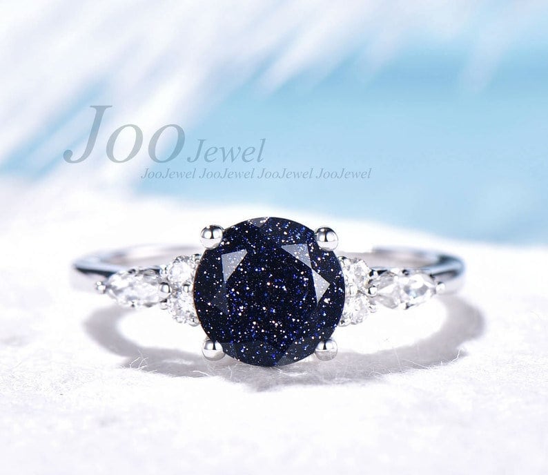 Sterling Silver 1.5ct Galaxy Blue Sandstone Ring Oval Gemstone Jewelry Vintage Cluster Engagement Ring Personalized Gift for Her Women