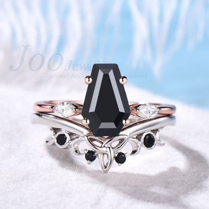 Natural Black Onyx Wedding Ring Set Vintage Coffin Cut Black Engagement Ring Set Curve Celtic Knot Wedding Band Unique Promise Ring for Her