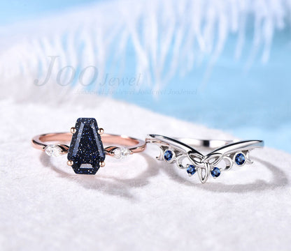 Unique Gothic Wedding Ring Set Coffin Shaped Blue Goldstone Bridal Sets Vintage Blue Sandstone Engagement Ring Celtic Sapphire Wedding Band