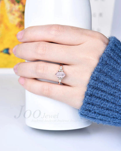 Long Hexagon Cut Natural Rose Quartz Ring Pink Gemstone Promise Ring Crystal Healing Ring Rose Gold Cluster Engagement Ring Anniversary Gift